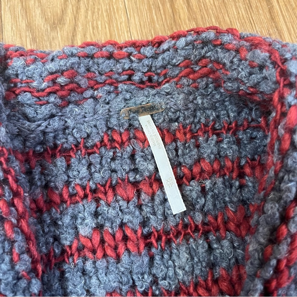 Free People Wool, Linen, Mohair Blend Gray and Red Cowl Neck Chunky Sweater - Picture 4 of 10